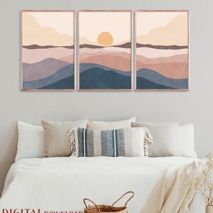 Sunset Print, Modern Set of 3, Ocean Wave Poster, Abstract Wall Decor, Boho Landscape Mountain Sea Sun Peaceful Wall Art Bedroom Mid Century