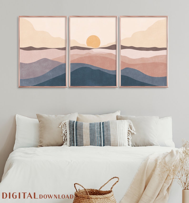 Sunset Print, Modern Set of 3, Ocean Wave Poster, Abstract Wall Decor, Boho Landscape Mountain Sea Sun Peaceful Wall Art Bedroom Mid Century