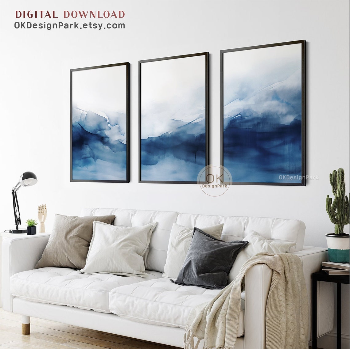 Abstract Blue 3 Piece Wall Art, Watercolor Print, Ocean Wave Wall Art ...