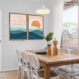 Boho Beach Print, Ocean Wall Art, Modern Ocean Prints, Ocean Waves Print, Beach House Decor, Abstract Sun, Abstract Landscape, Printable Wall Art, Instant Download Art, Sunrise Art Print, Bohemian Print, Set of 3 Prints, Terracotta Wall Art