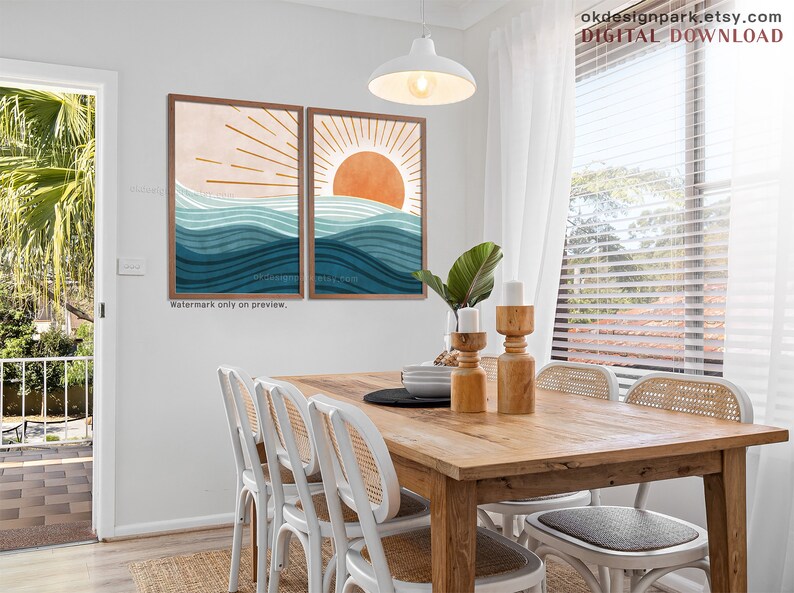 Boho Beach Print, Ocean Wall Art, Modern Ocean Prints, Ocean Waves Print, Beach House Decor, Abstract Sun, Abstract Landscape, Printable Wall Art, Instant Download Art, Sunrise Art Print, Bohemian Print, Set of 3 Prints, Terracotta Wall Art