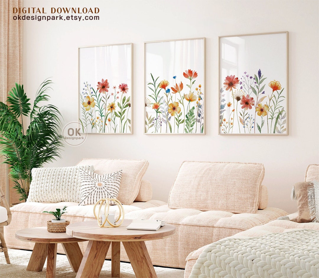 Watercolor Floral Print Set of 3, Wildflower Wall Art, Printable ...