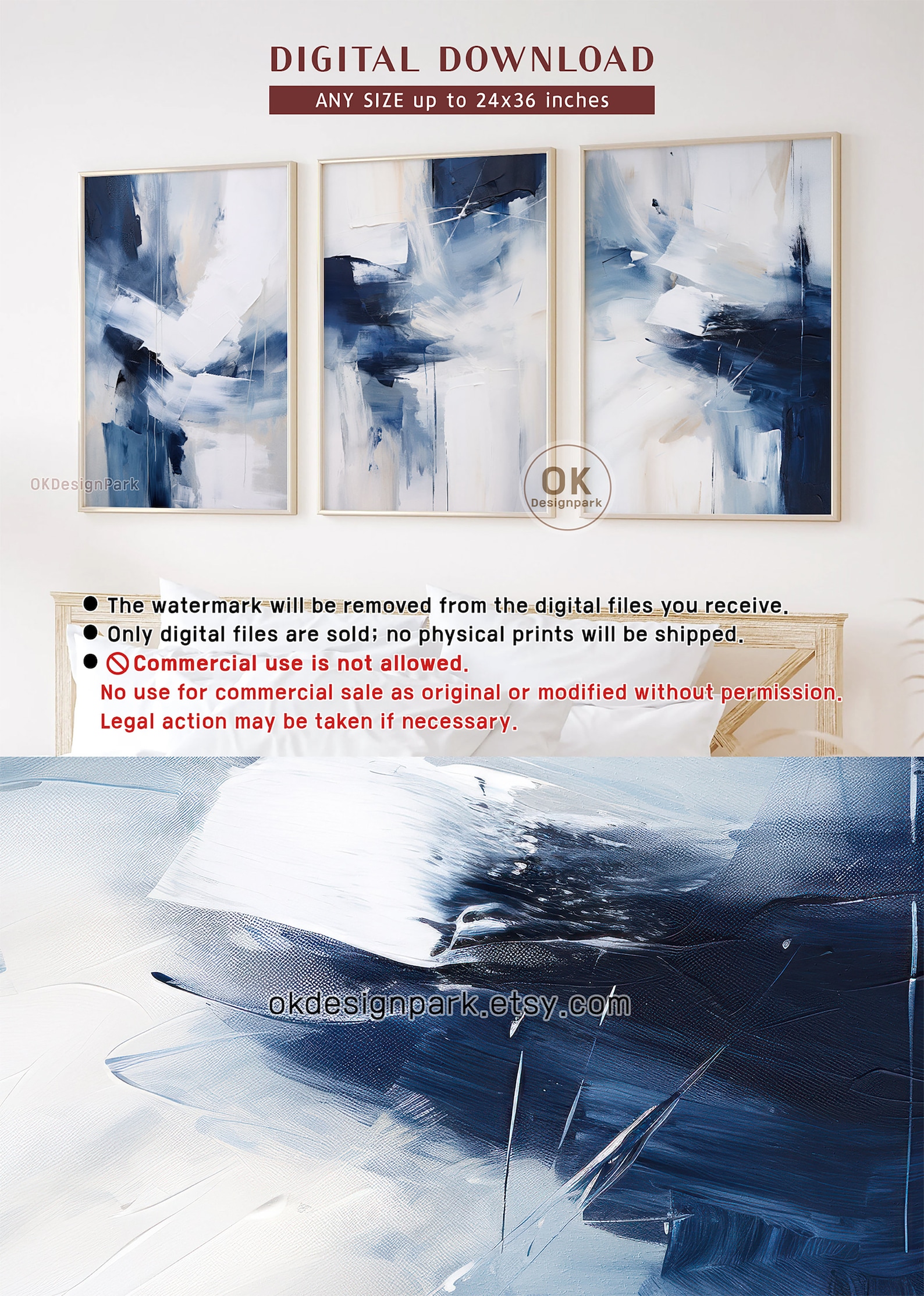 Navy Blue Wall Art Set of 3 Prints, Dark Blue Abstract Wall Art, Modern ...