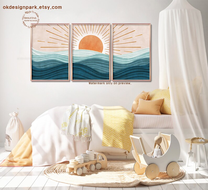 Boho Beach Print, Ocean Wall Art, Modern Ocean Prints, Ocean Waves Print, Beach House Decor, Abstract Sun, Abstract Landscape, Printable Wall Art, Instant Download Art, Sunrise Art Print, Bohemian Print, Set of 3 Prints, Terracotta Wall Art