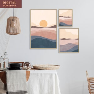 Sunset Print, Modern Set of 3, Ocean Wave Poster, Abstract Wall Decor, Boho Landscape Mountain Sea Sun Peaceful Wall Art Bedroom Mid Century
