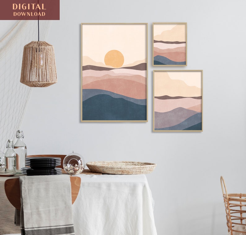 Sunset Print, Modern Set of 3, Ocean Wave Poster, Abstract Wall Decor, Boho Landscape Mountain Sea Sun Peaceful Wall Art Bedroom Mid Century