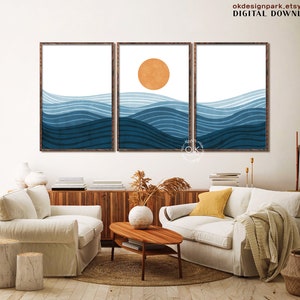 Boho Beach Print, Ocean Waves Print, Ocean Wall Art, Modern Ocean Prints, Beach House Decor, Abstract Sun, Abstract Landscape, Instant Download, Set of 3 Prints, Terracotta Wall Art