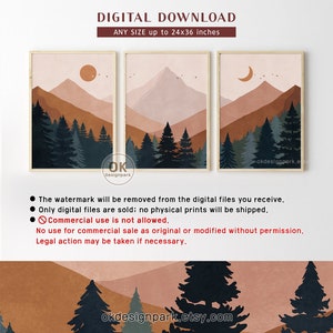 Mountain Landscape, Set of 3 Wall Art, Printable Wall Art, Mountain Print, Mid Century, Sun Terracotta Wall Art, Above Bed Decor, Boho Landscape print, 3 Piece Wall Art, Boho Mountain, Abstract Landscape, Downloadable Art, Modern Wall Art