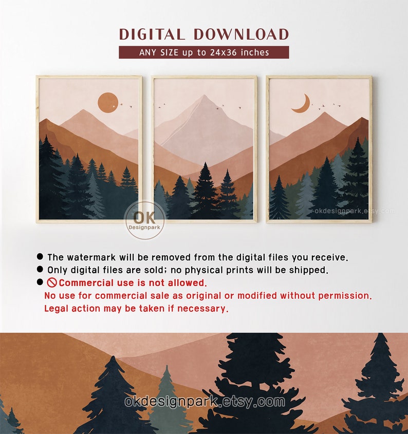 Mountain Landscape, Set of 3 Wall Art, Printable Wall Art, Mountain Print, Mid Century, Sun Terracotta Wall Art, Above Bed Decor, Boho Landscape print, 3 Piece Wall Art, Boho Mountain, Abstract Landscape, Downloadable Art, Modern Wall Art