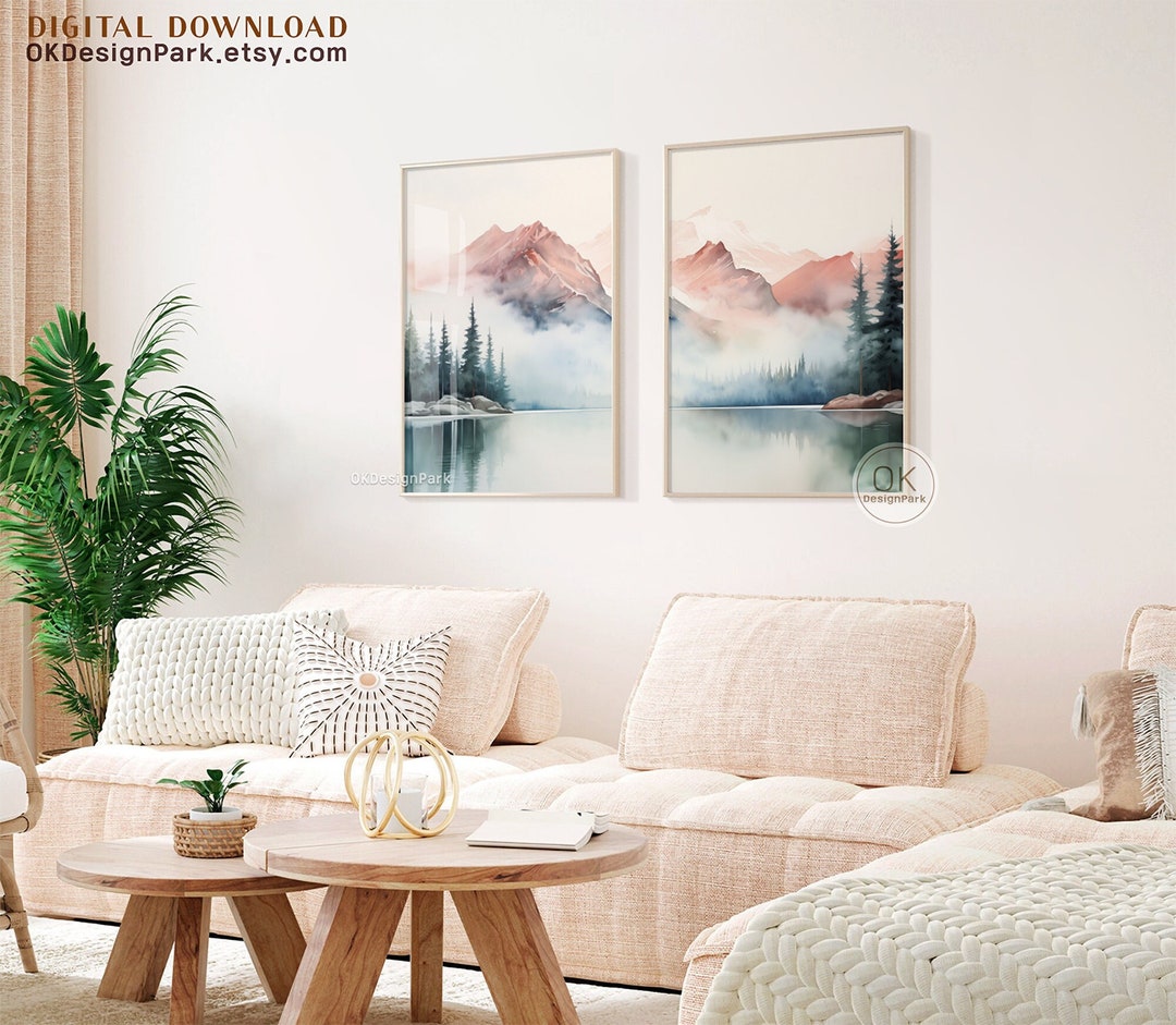 Mountain Lake Print Set of 2, Watercolor Mountains, Abstract Landscape ...