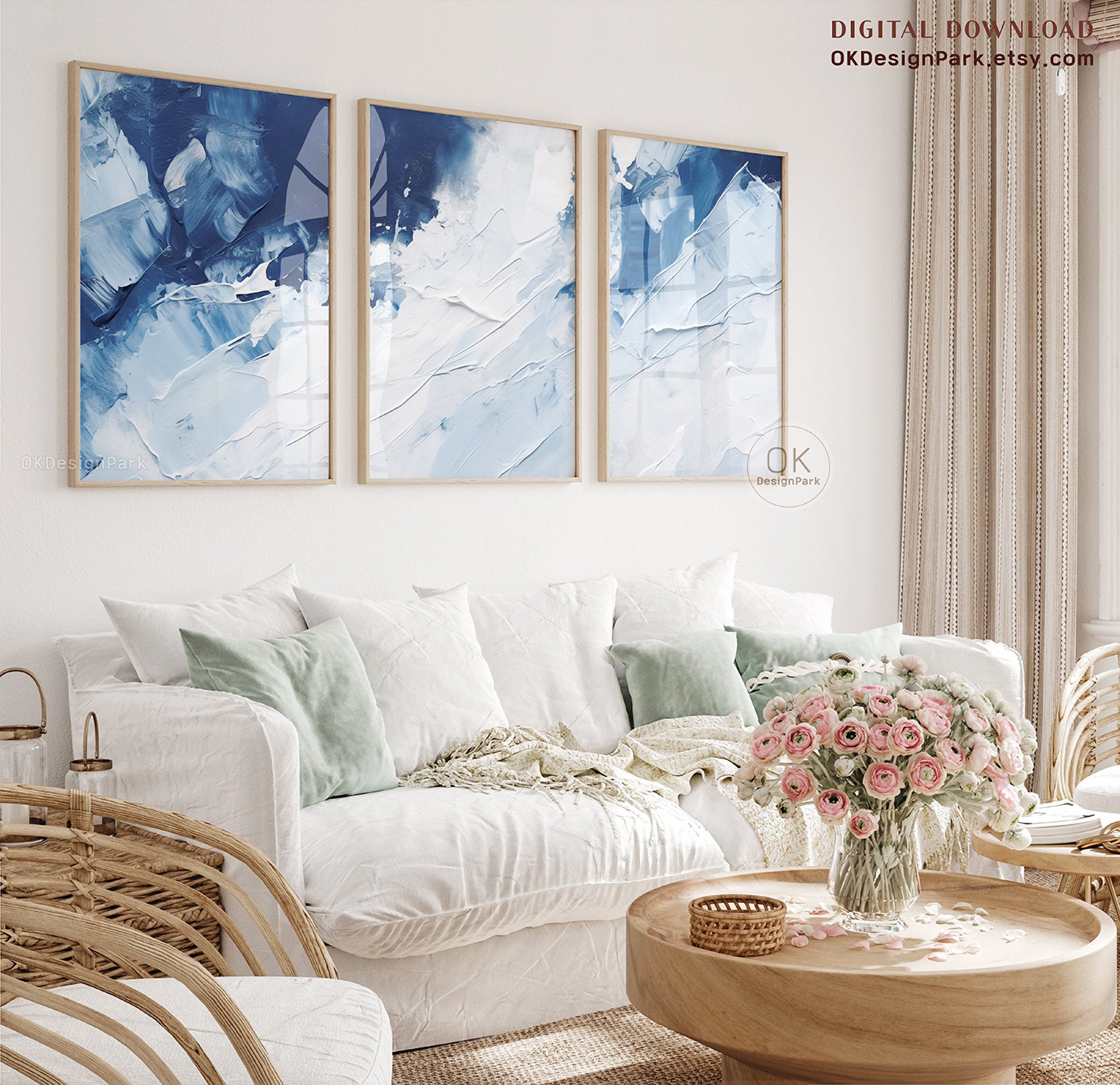 Abstract Blue Wall Art Set of 3 Prints, Blue Abstract Wall Art, Modern ...