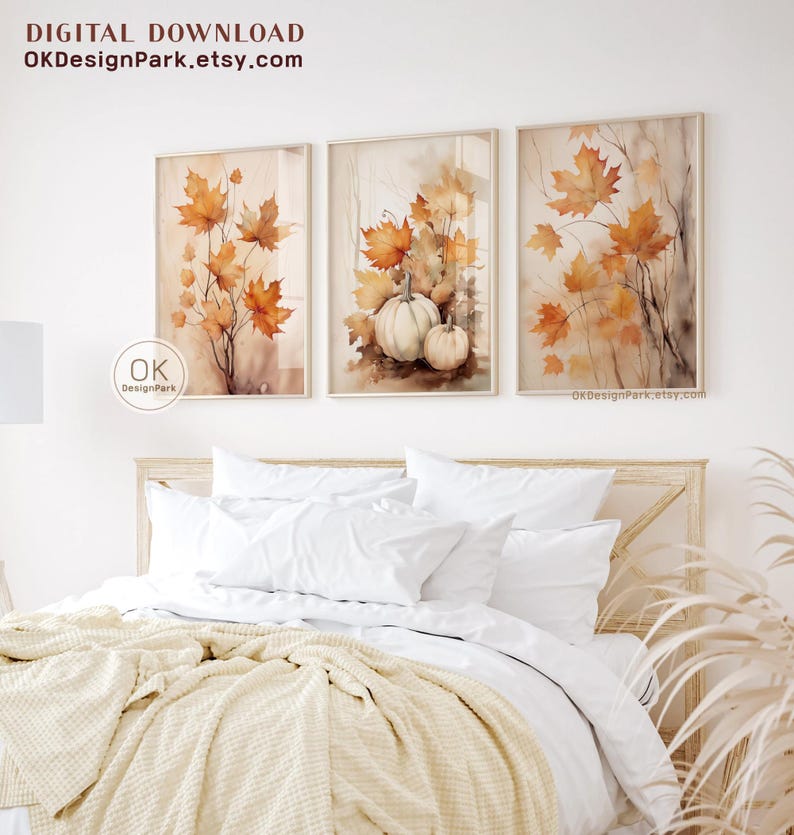 Fall Decor Prints Set of 3, Farmhouse Autumn Printable Fall Leaves Art, Digital Autumn Pumpkin Print Watercolor Painting, Autumn Wall Art
