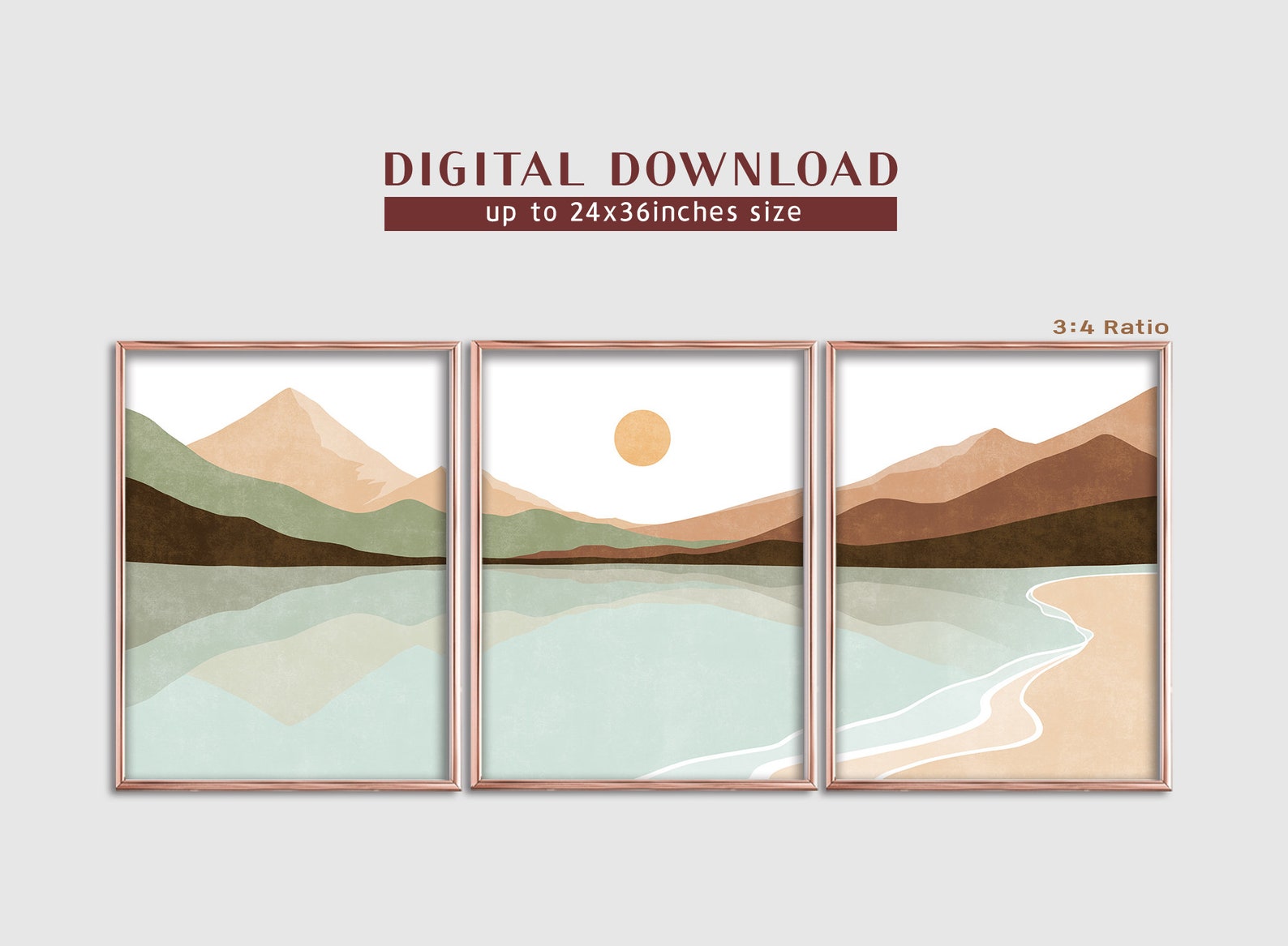 Abstract Mountain, Landscape Print Set, Sun and Mountain Wall Art ...