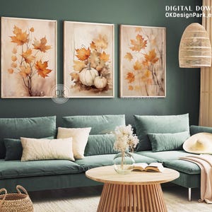 Fall Decor Prints Set of 3, Farmhouse Autumn Printable Fall Leaves Art, Digital Autumn Pumpkin Print Watercolor Painting, Autumn Wall Art