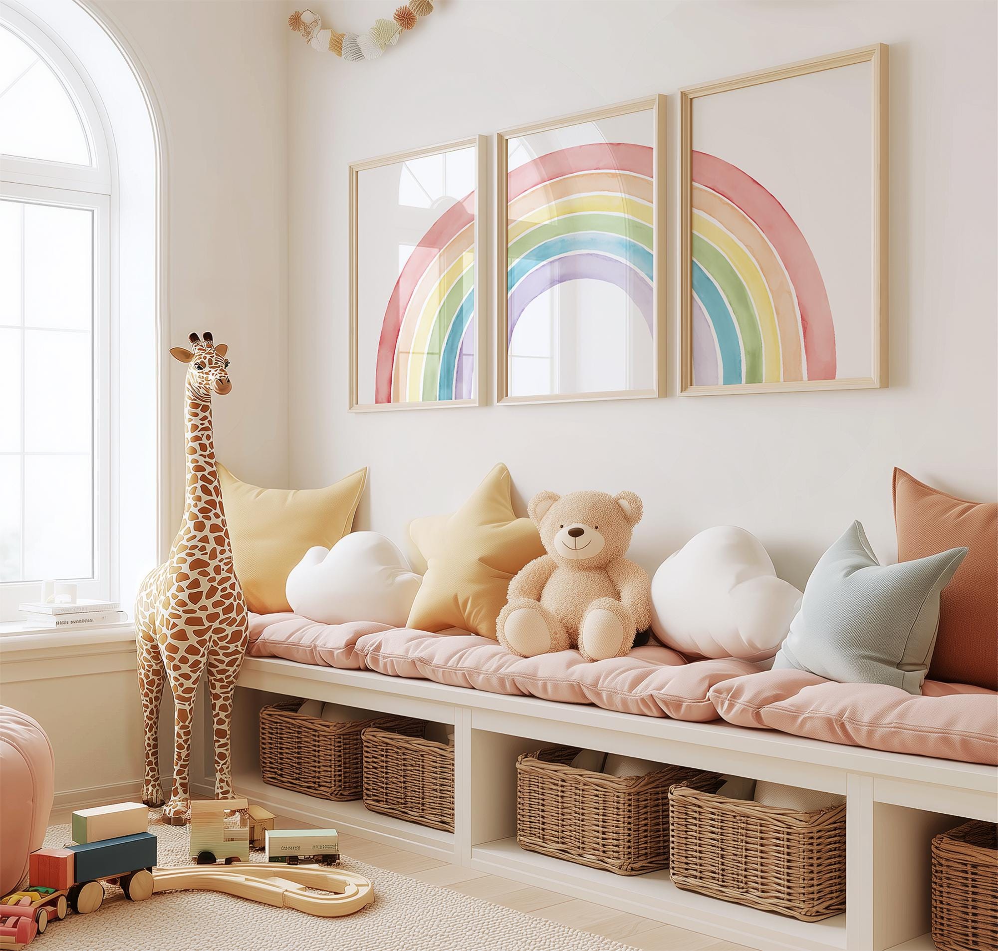 Watercolor Rainbow Wall Art, Set of 3 Prints Triptych, Pastel Nursery ...