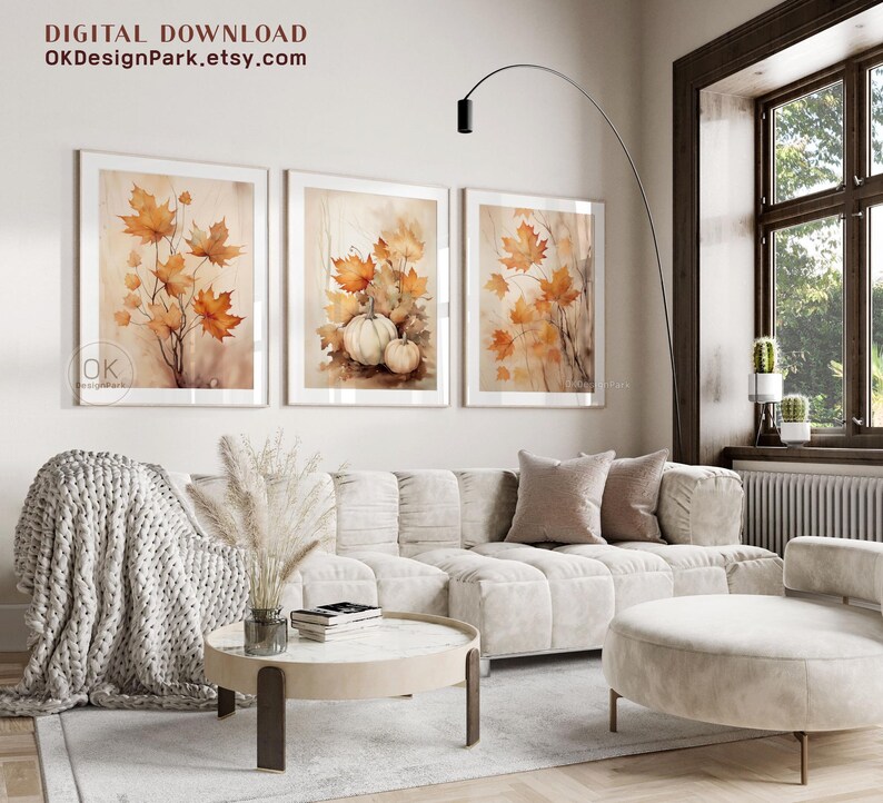 Fall Decor Prints Set of 3, Farmhouse Autumn Printable Fall Leaves Art, Digital Autumn Pumpkin Print Watercolor Painting, Autumn Wall Art