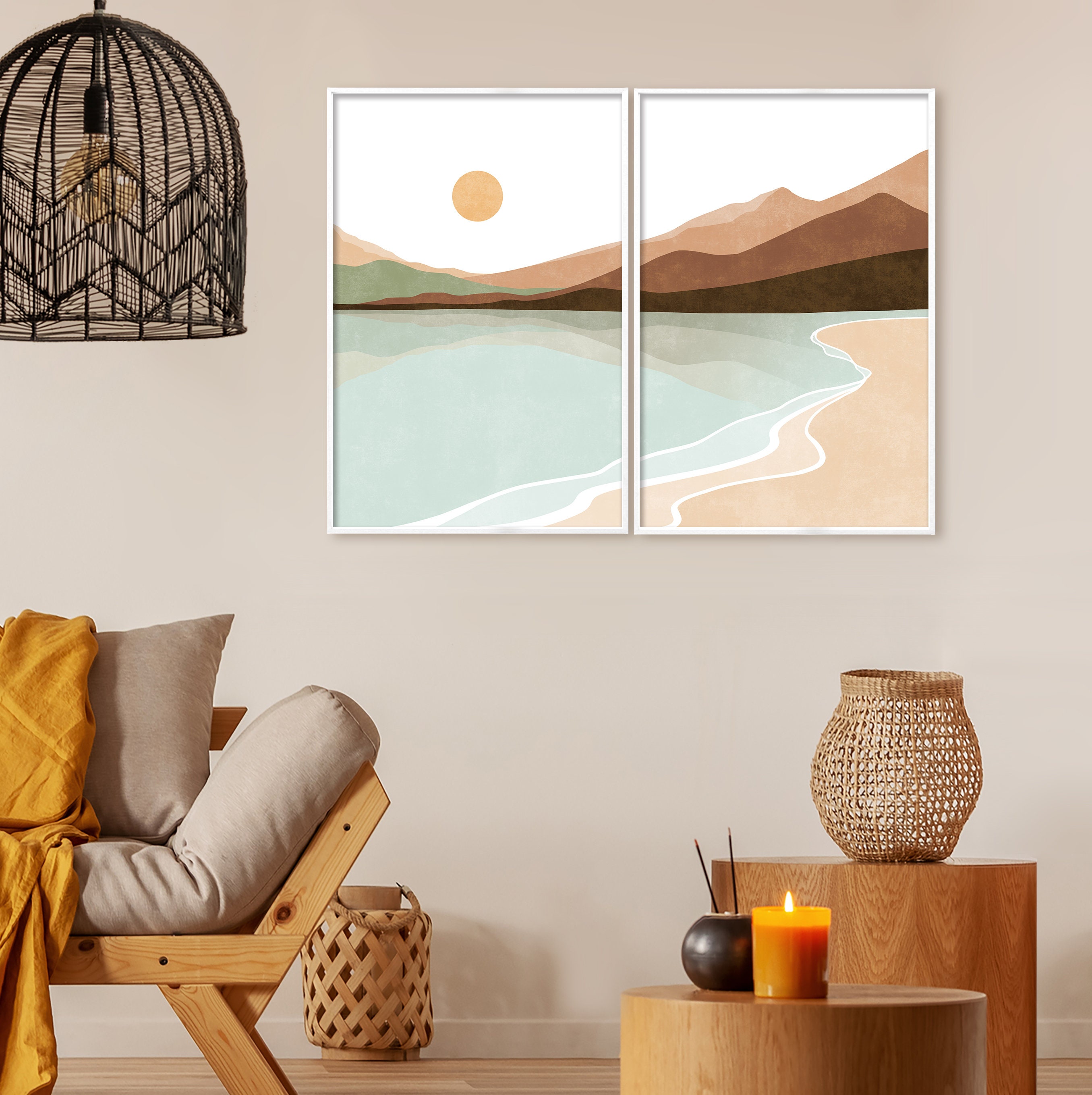 Abstract Mountain Landscape Print Set Sun and Mountain Wall | Etsy