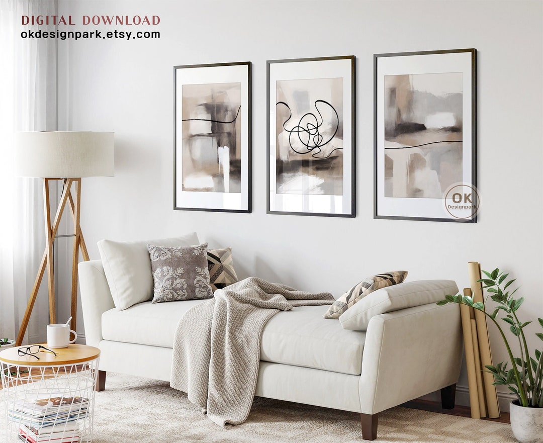 Abstract Printable Wall Art Set of 3, Modern Neutral, Black and Beige ...