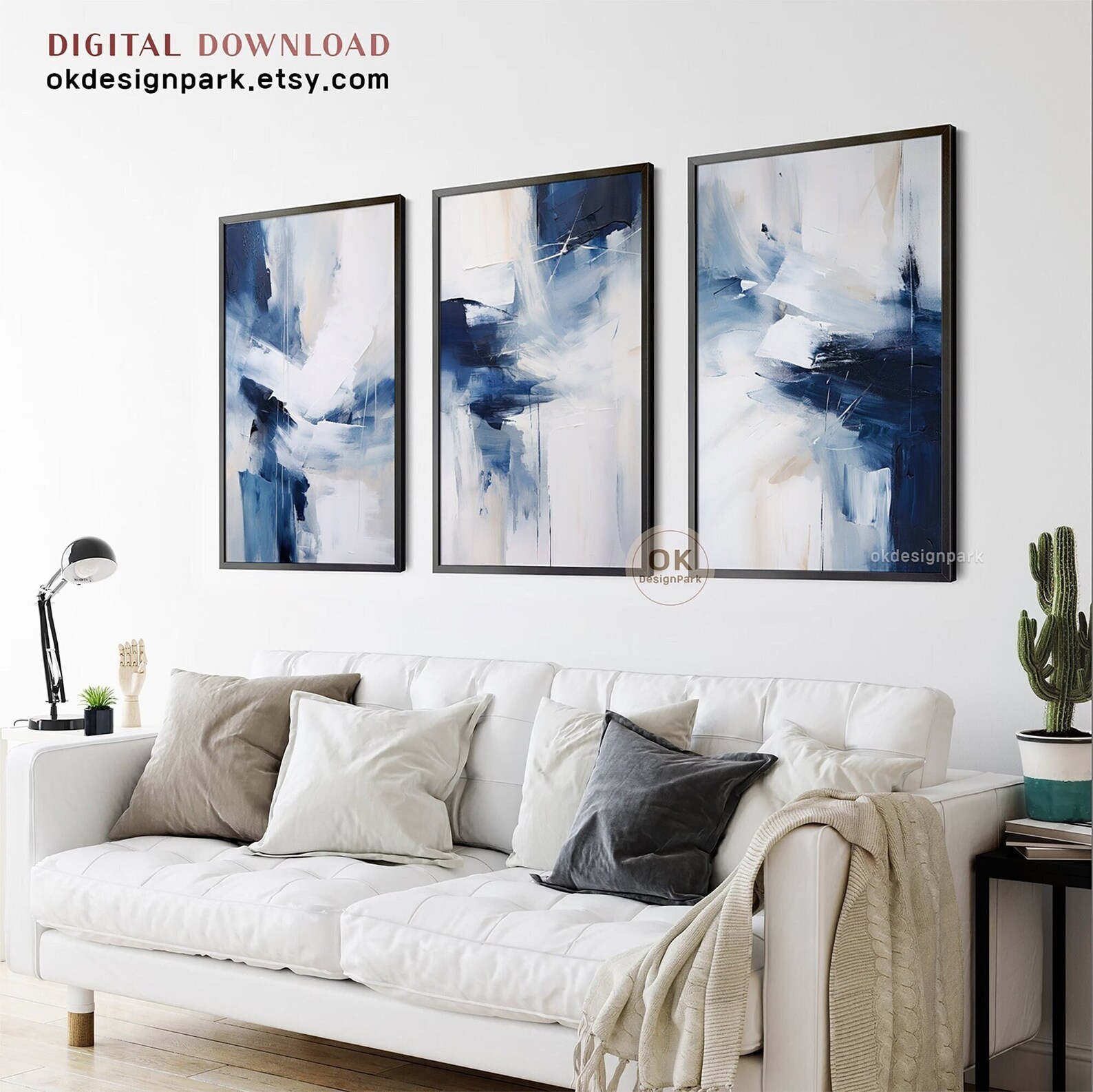 Navy Blue Wall Art Set of 3 Prints, Dark Blue Abstract Wall Art, Modern ...