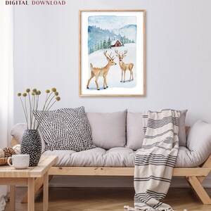 Christmas prints, Evergreen trees, Christmas printable, Christmas pictures, Christmas art Print, Pine tree prints, Watercolour painting, Evergreen trees, Winter deer print, Holiday decor, Downloadable art