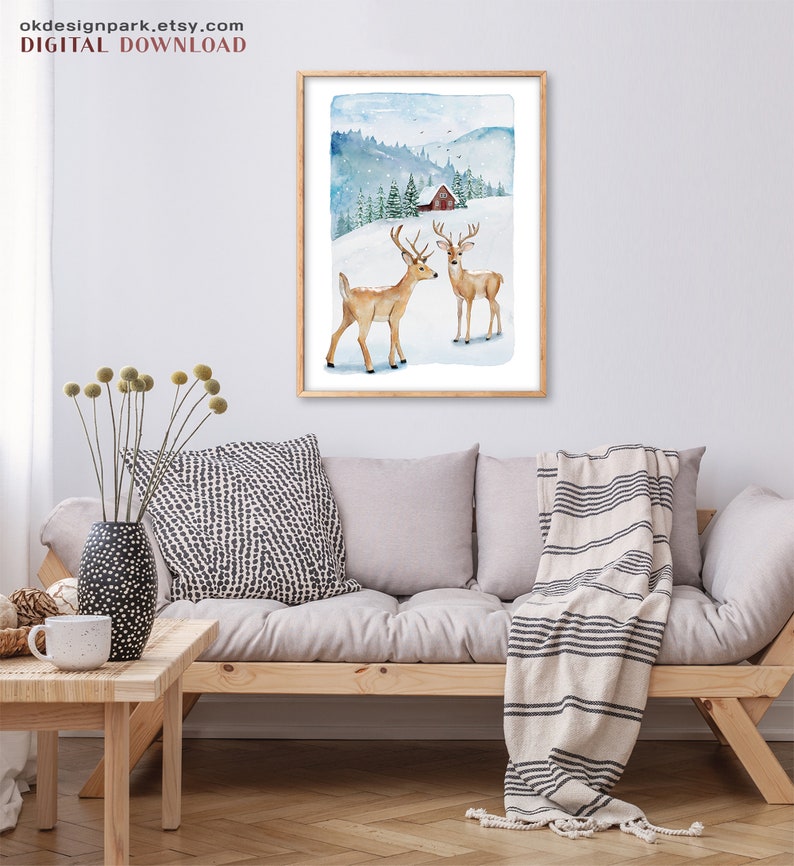 Christmas prints, Evergreen trees, Christmas printable, Christmas pictures, Christmas art Print, Pine tree prints, Watercolour painting, Evergreen trees, Winter deer print, Holiday decor, Downloadable art