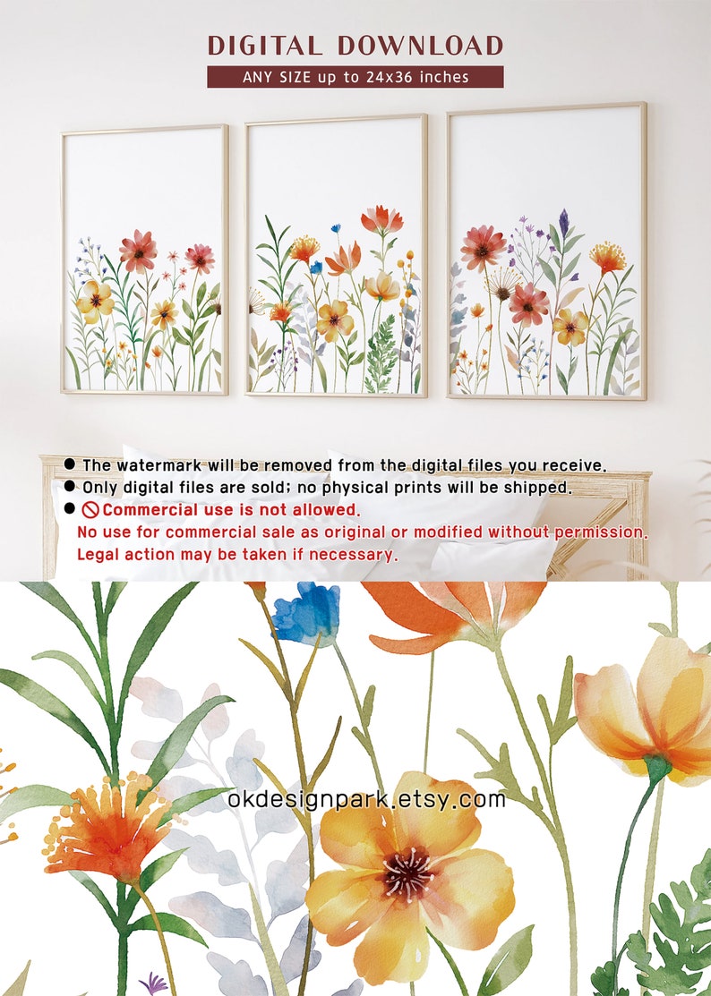Watercolor Floral Print Set of 3, Wildflower Wall Art, Printable ...