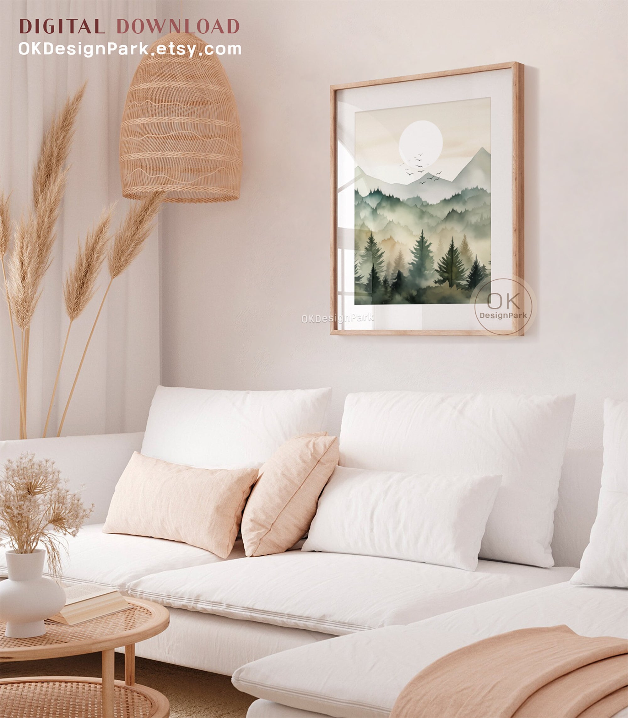 Set 3 Pezzi Arte Muratura Boh&eacute;mien - Quadri Montagna E Alberi Di Pino Acquerello