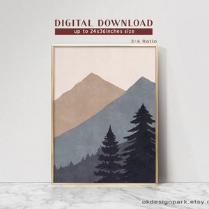 Pode incluir: Download digital de uma impress&atilde;o minimalista de paisagem de montanha com um esquema de cores rosa, marrom e azul. A impress&atilde;o apresenta uma silhueta de uma cordilheira com &aacute;rvores em primeiro plano.