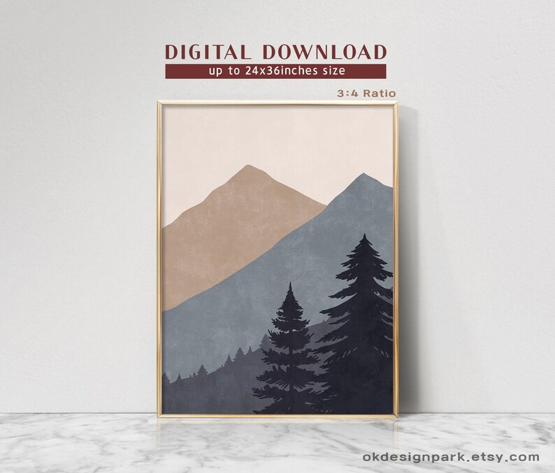 Pode incluir: Download digital de uma impress&atilde;o minimalista de paisagem de montanha com um esquema de cores rosa, marrom e azul. A impress&atilde;o apresenta uma silhueta de uma cordilheira com &aacute;rvores em primeiro plano.