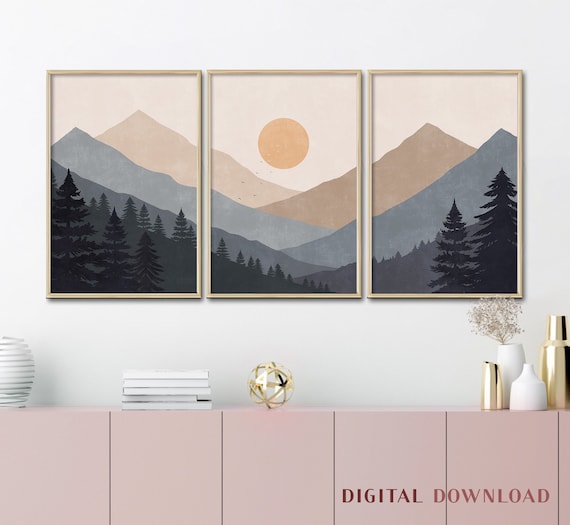 Print Set of 3, Landscape Print Set, Sun and Mountain Wall Art, Peaceful Wall Art, Sunset Print, Abstract Mountain, Boho Modern Decor Nature
