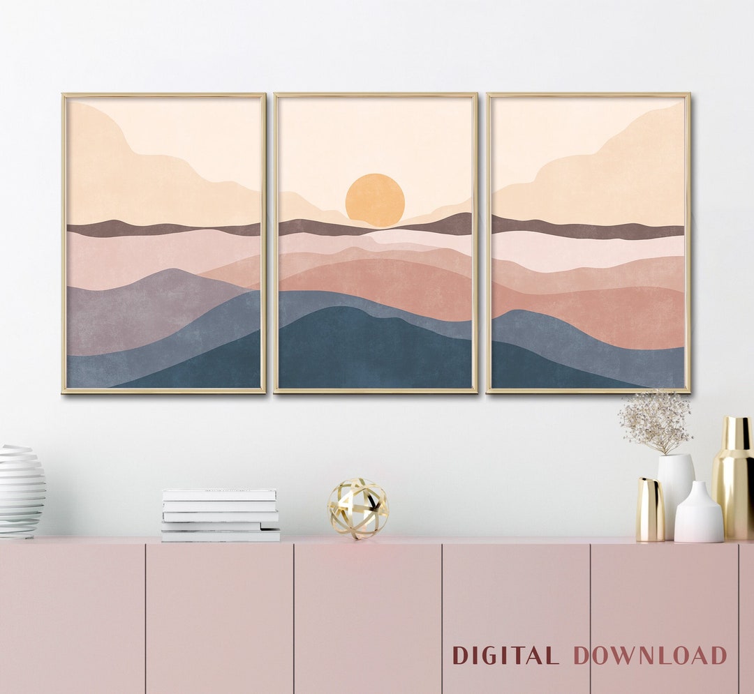 Sunset Print Modern Set of 3 Ocean Wave Poster Abstract - Etsy