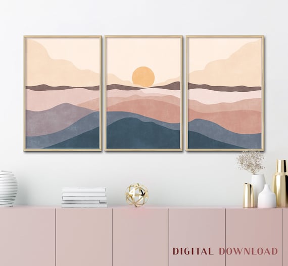 Sunset Print, Modern Set of 3, Ocean Wave Poster, Abstract Wall Decor, Boho Landscape Mountain Sea Sun Peaceful Wall Art Bedroom Mid Century