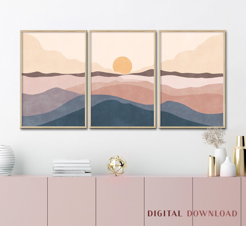 Sunset Print, Modern Set of 3, Ocean Wave Poster, Abstract Wall Decor, Boho Landscape Mountain Sea Sun Peaceful Wall Art Bedroom Mid Century