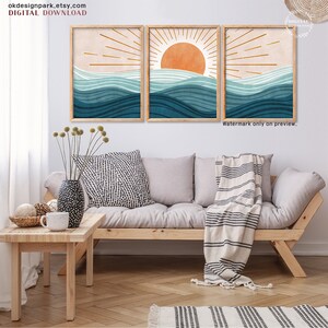 Boho Beach Print, Ocean Wall Art, Modern Ocean Prints, Ocean Waves Print, Beach House Decor, Abstract Sun, Abstract Landscape, Printable Wall Art, Instant Download Art, Sunrise Art Print, Bohemian Print, Set of 3 Prints, Terracotta Wall Art