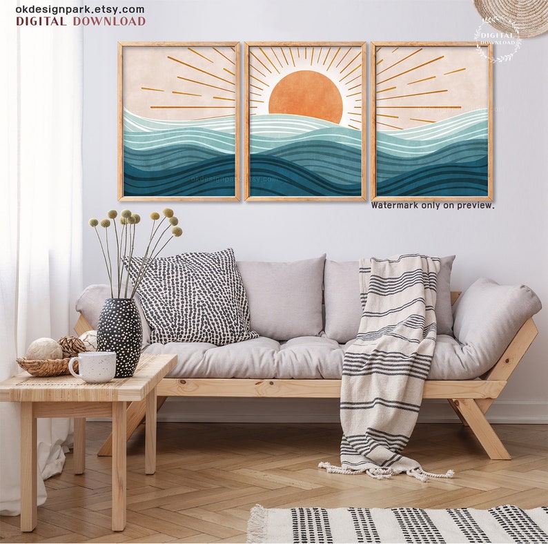 Boho Beach Print, Ocean Wall Art, Modern Ocean Prints, Ocean Waves Print, Beach House Decor, Abstract Sun, Abstract Landscape, Printable Wall Art, Instant Download Art, Sunrise Art Print, Bohemian Print, Set of 3 Prints, Terracotta Wall Art