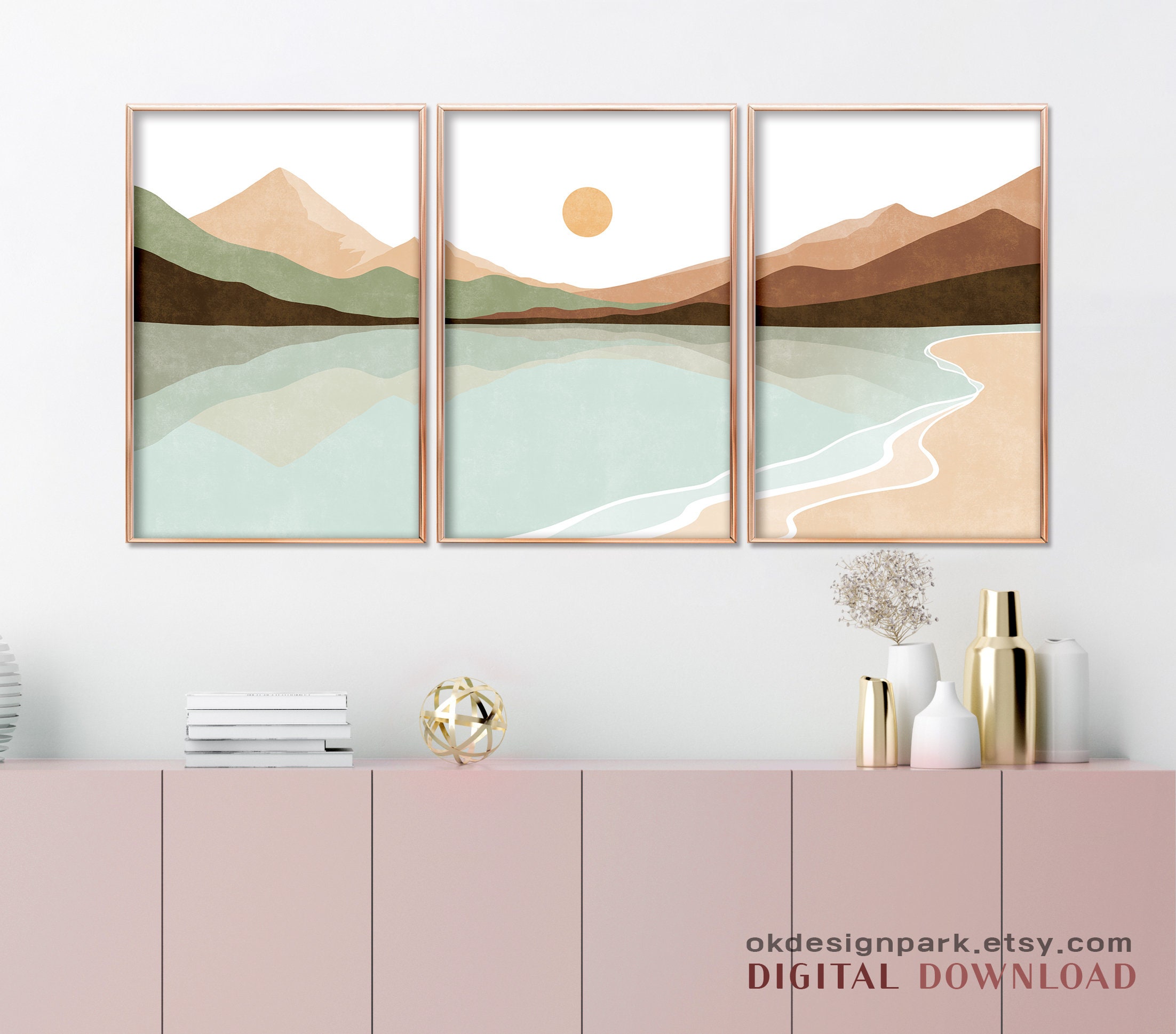 Abstract Mountain, Landscape Print Set, Sun and Mountain Wall Art ...