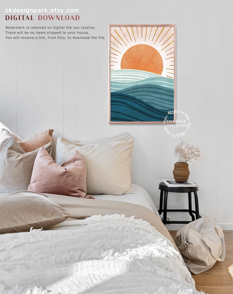 Boho Beach Print, Ocean Wall Art, Modern Ocean Prints, Ocean Waves Print, Beach House Decor, Abstract Sun, Abstract Landscape, Printable Wall Art, Instant Download Art, Sunrise Art Print, Bohemian Print, Set of 3 Prints, Terracotta Wall Art