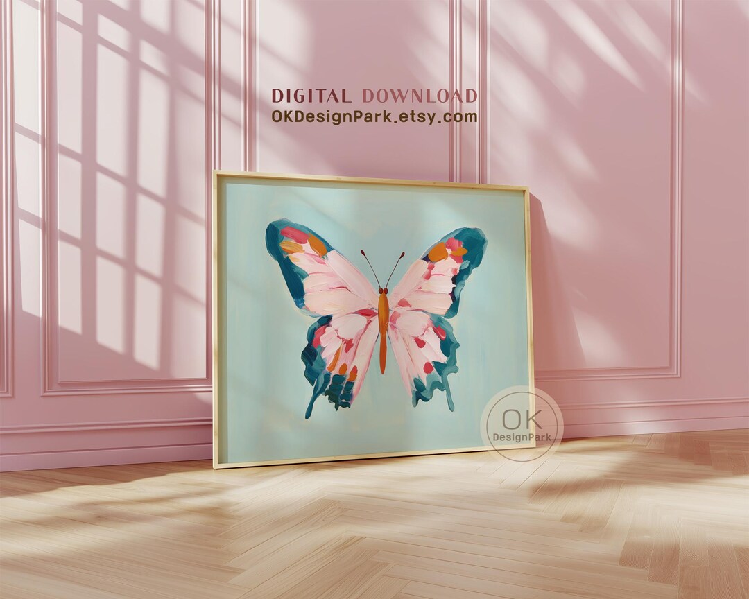 Colorful Butterfly Printable Wall Art | Pastel Pink Teal Nursery Decor ...