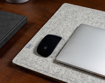 Large Merino Wool Felt Desk Mat, Cork Base, Stitch on Edge, Light Grey