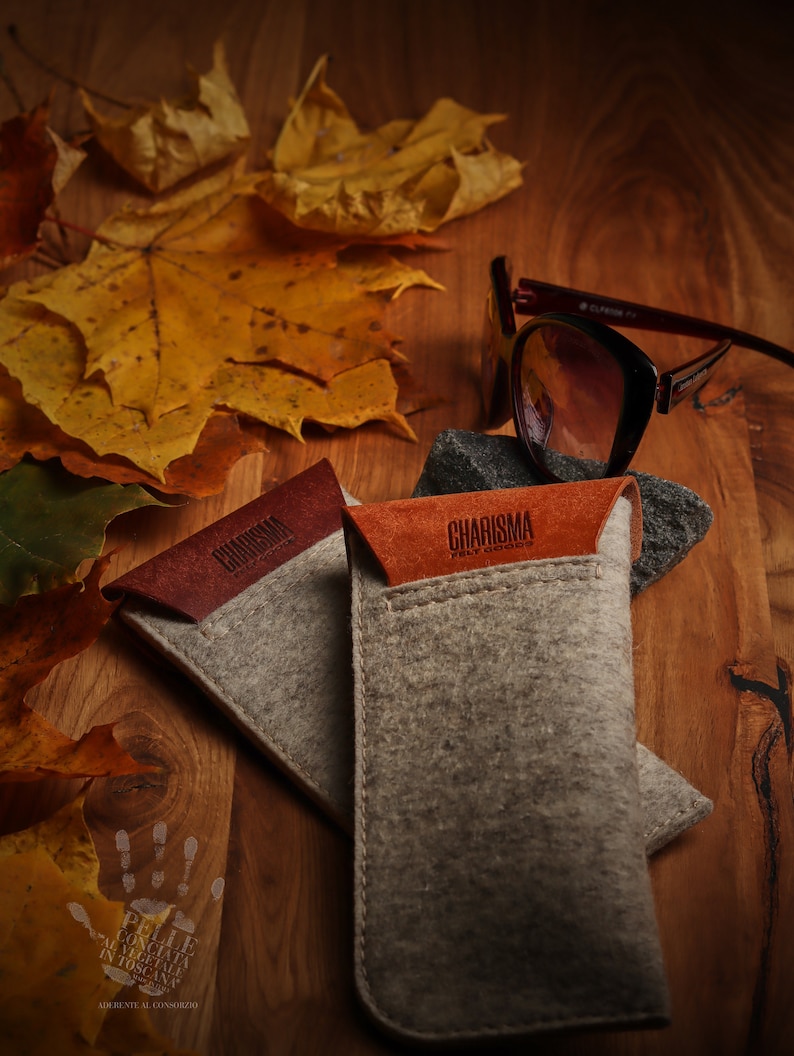 May include: Two gray felt eyeglass cases with brown leather accents. The cases have the text "CHARISMA PELLETTERIA" embossed on the leather. The cases are on a wooden surface with autumn leaves.