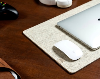 Merino Wool Felt and Cork Desk Mat – Beige Minimalist Desk Pad, Stitch on Edge