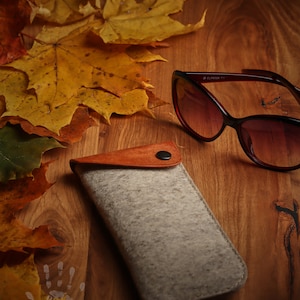 May include: A gray felt eyeglasses case with a brown leather flap and a snap closure. The case is lying on a wooden surface with autumn leaves and a pair of brown sunglasses.
