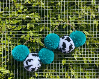 Cow Print Pom Pom Hoop Earrings, Customizable Colors, Western Earrings