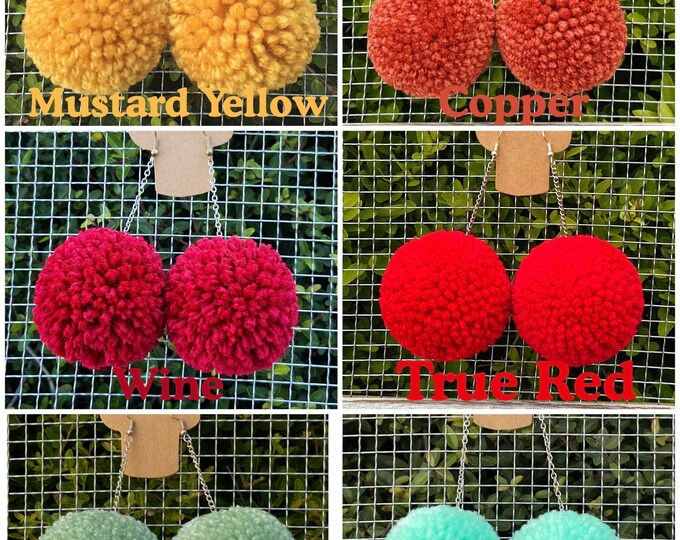 Pom Pom Earrings, Boho Earrings, Yarn Earrings, Mini Pom Poms, Small