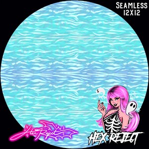 May include: Seamless pattern featuring a blue and white striped background with a pink and white cartoon character with a ghost. The text "HEX REJECT" is in black letters at the bottom of the image.