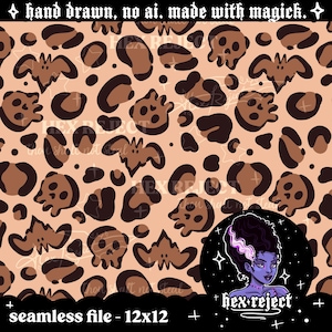 May include: A seamless pattern featuring brown skulls, bats, and leopard spots on a peach background. The design includes the text "hand drawn, no ai. made with magick." and "seamless file - 12x12". A circular graphic with a stylized female portrait is also present.