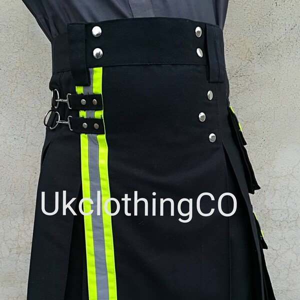 New Sale kiltish Custom Made Black Burning Man reflector Scottish Utility Kilt