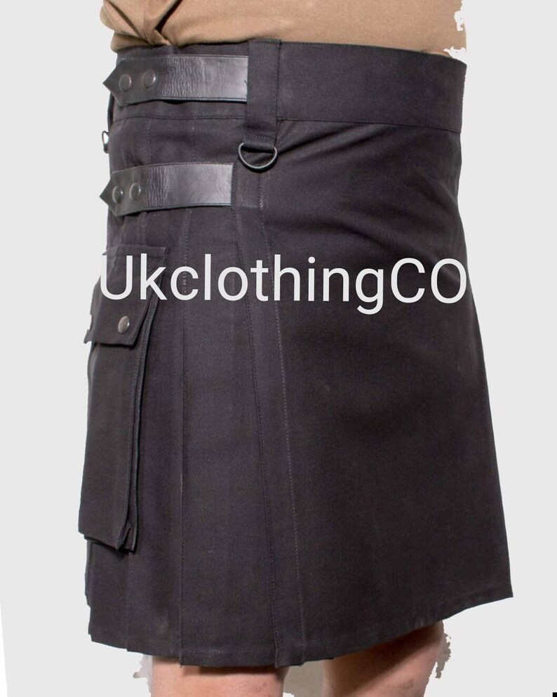 New handmade Custom Size Black Leather straps Utility kilt with leather loops 