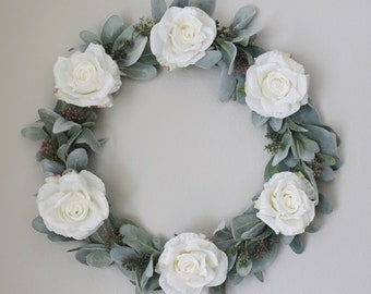 Lamb's Ear and White Rose Large Wreath, Wreath for Front Door, Easter Wreath