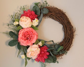 Peony, Bright Pink and Rose Grapevine Wreath